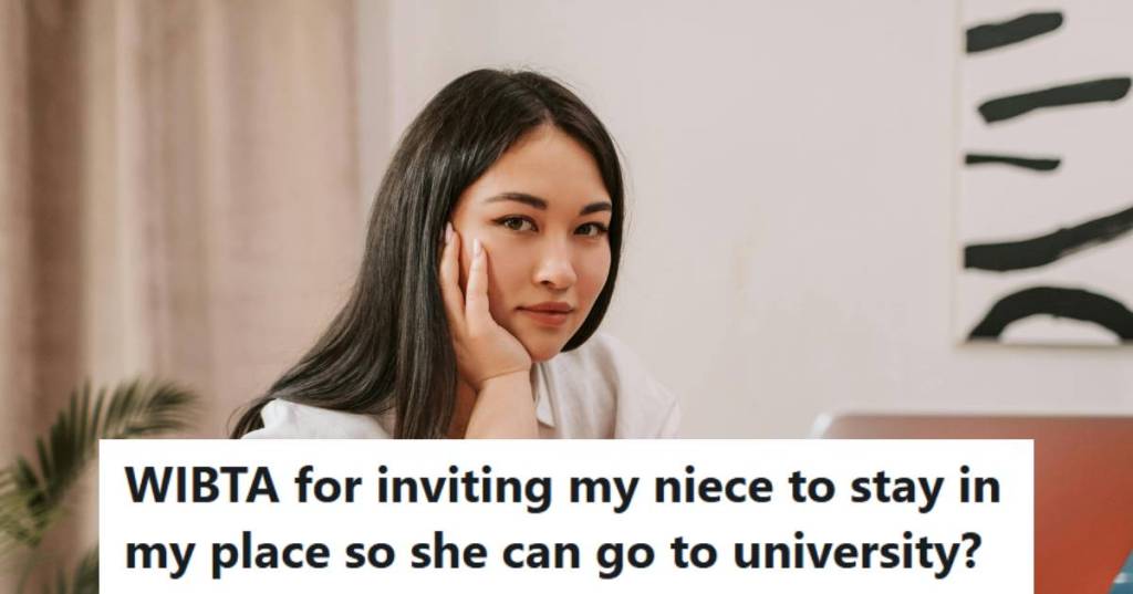 Woman sitting at her desk thinking about whether to call her niece or not.