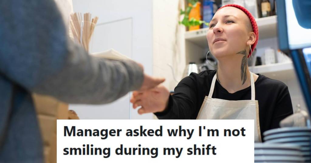 Woman taking money from a customer and faking just a slight smile