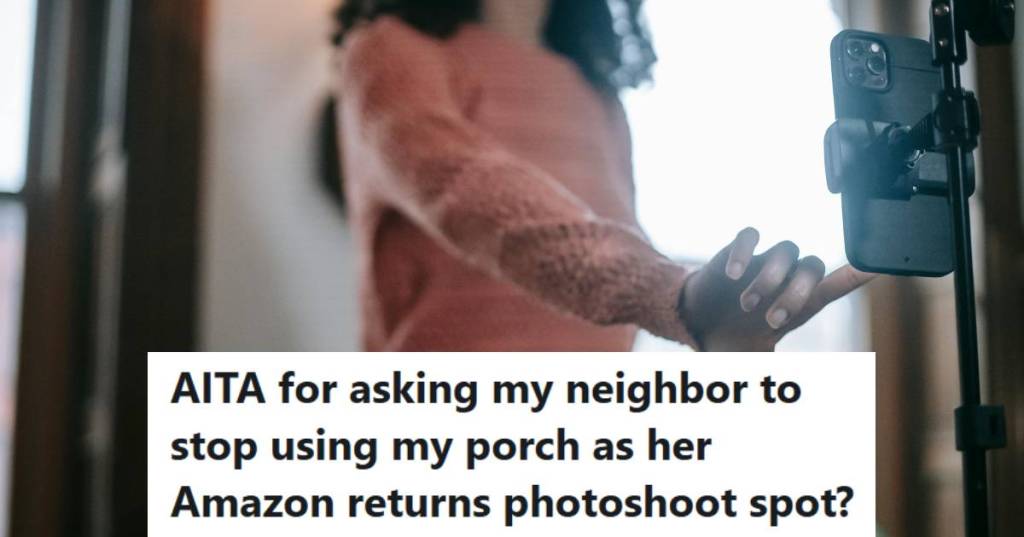 Woman setting the timer so she can pose with some items for resale