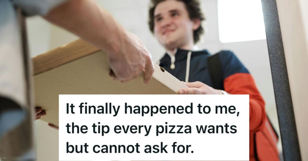 Delivery man at the door handing pizza box to a person