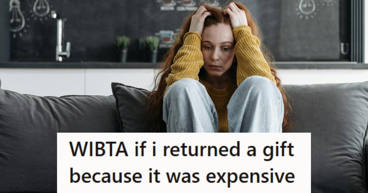 Woman stressing out on the couch about whether or not to return a gift to someone