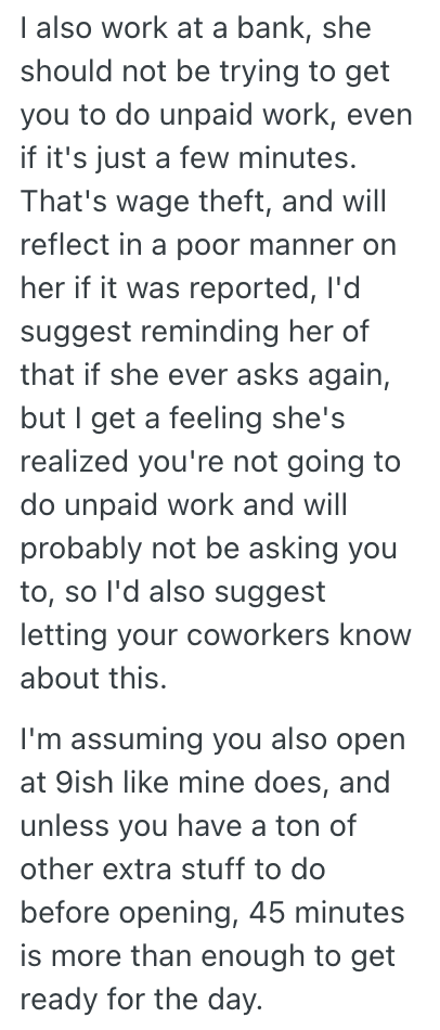 Screenshot 2025 12 04 at 4.46.50 PM A Bank Employee Got Grief From A Manager About Including Morning Security Checks On Their Timesheet, So They Stopped Helping Her Out With Them