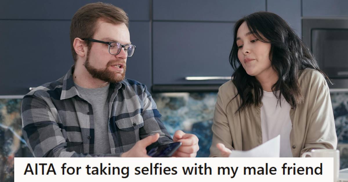 Man showing his wife the selfish she took with another man and explaining how it's not right