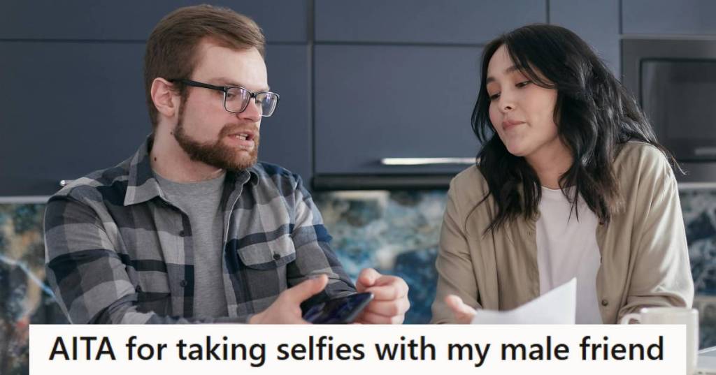 Man showing his wife the selfish she took with another man and explaining how it's not right