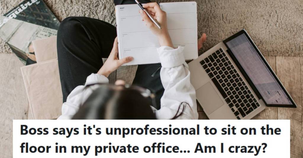 Woman sitting on the floor in her office, working through back pain