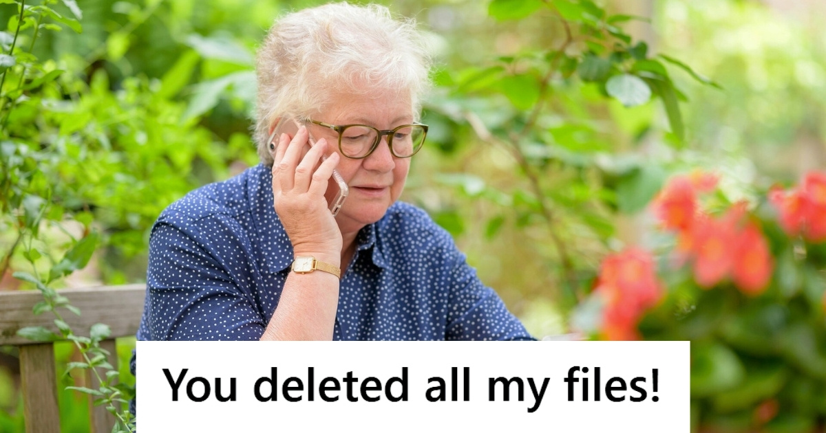 Tech Support Guy Received A Call From A Woman Accusing Them Of Deleting All Of Her Files, But It Turns Out She Just Thought Recycling Bins Worked Literally Older lady using phone and laptop