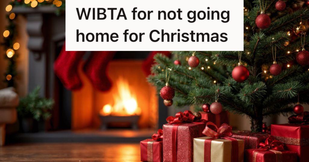 christmas tree, presents and stockings over fireplace