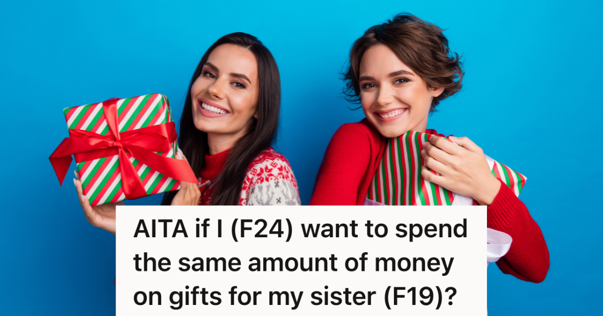 two women in red sweaters holding Christmas presents