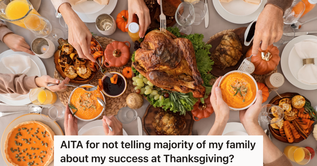 overhead shot of hands reaching for food on Thanksgiving