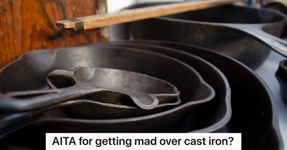 Teenage Girl Asks Her Family To Help Her Move The Heavy Cast Iron Pans, But When They Dont Jump Up To Help Immediately, She Does It Herself stack of cast iron pots and pans