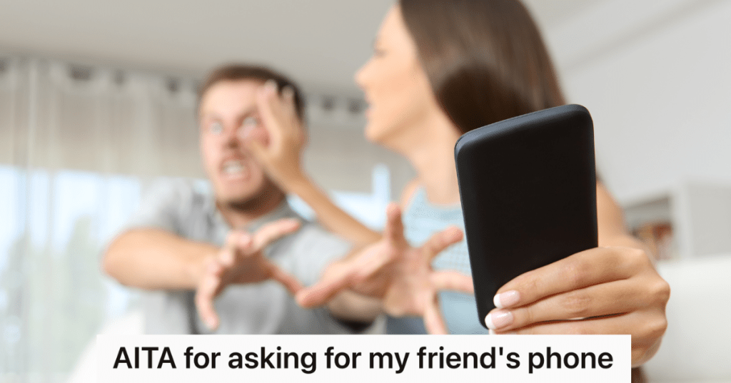 man reaching for phone while woman pushes him away