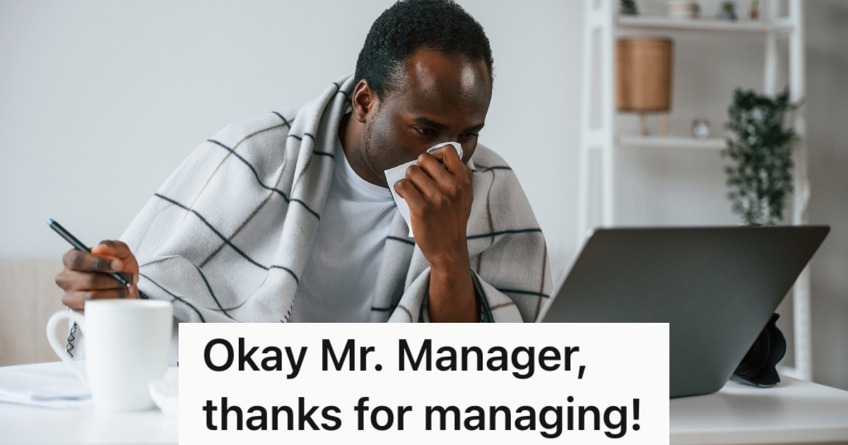 Sick person working from home while blowing his nose