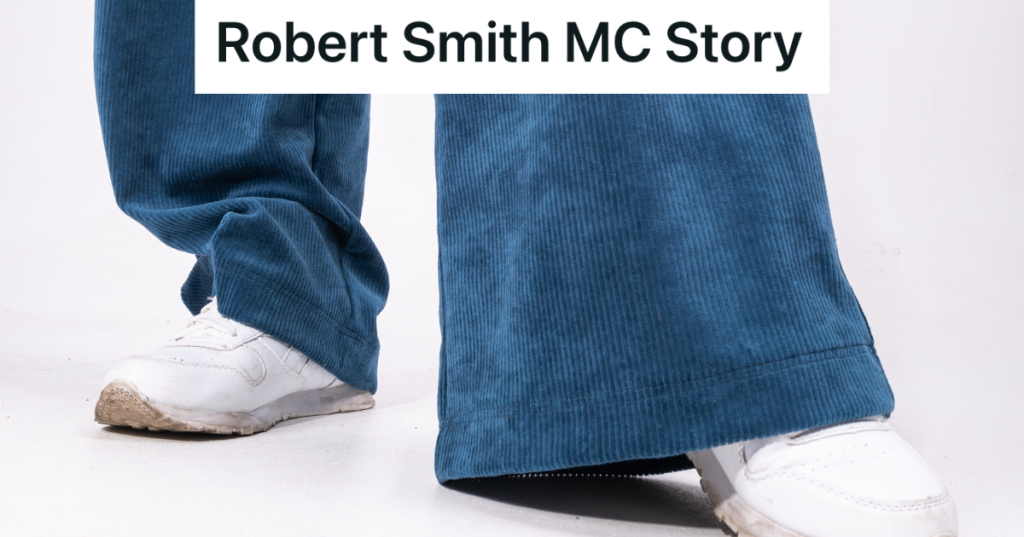 flared blue pants and white tennis shoes