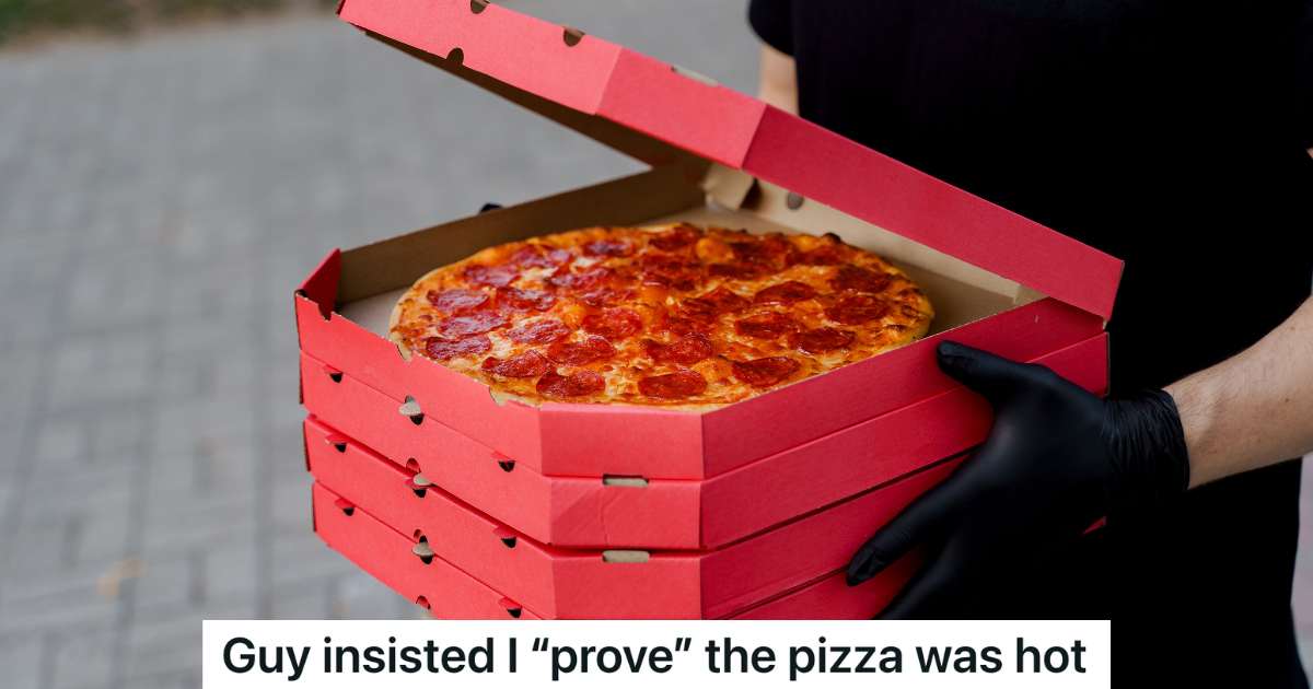 pizza delivery guy holding pizza boxes with the top box open