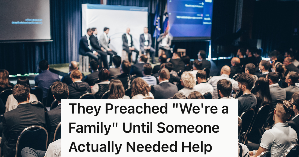 Company CEO Wants Employees To Think Of The Company As A Family, But When One Employee Asks For A Favor, Shes Not Treated That Way employees in business conference with executives speaking on stage