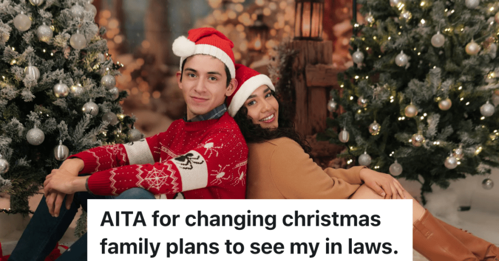 young couple wearing Santa hats