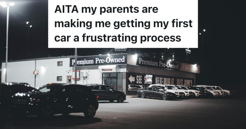 used car dealership at night