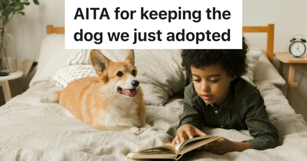 little boy reading book to dog