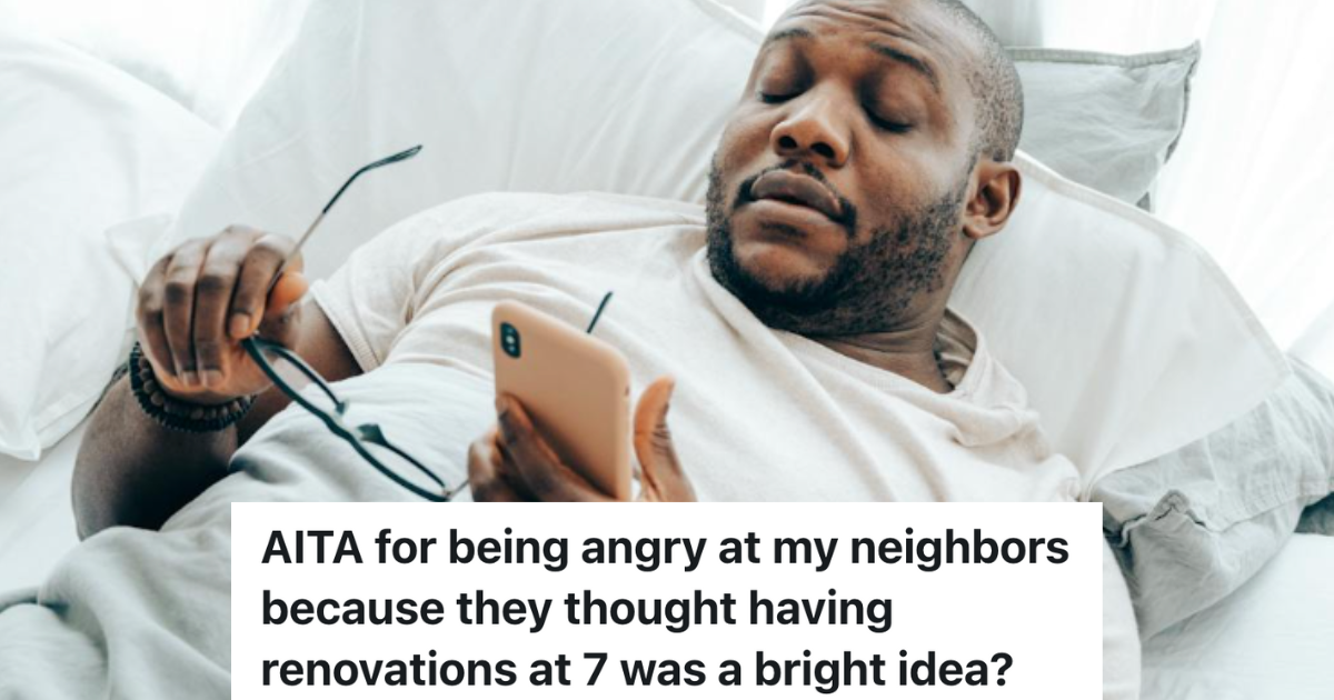 Upstairs Neighbors Are Having Renovations Done On Their Apartment, But The Construction Workers Call The Downstairs Neighbor To Unlock The Door tired man looking at his phone in bed