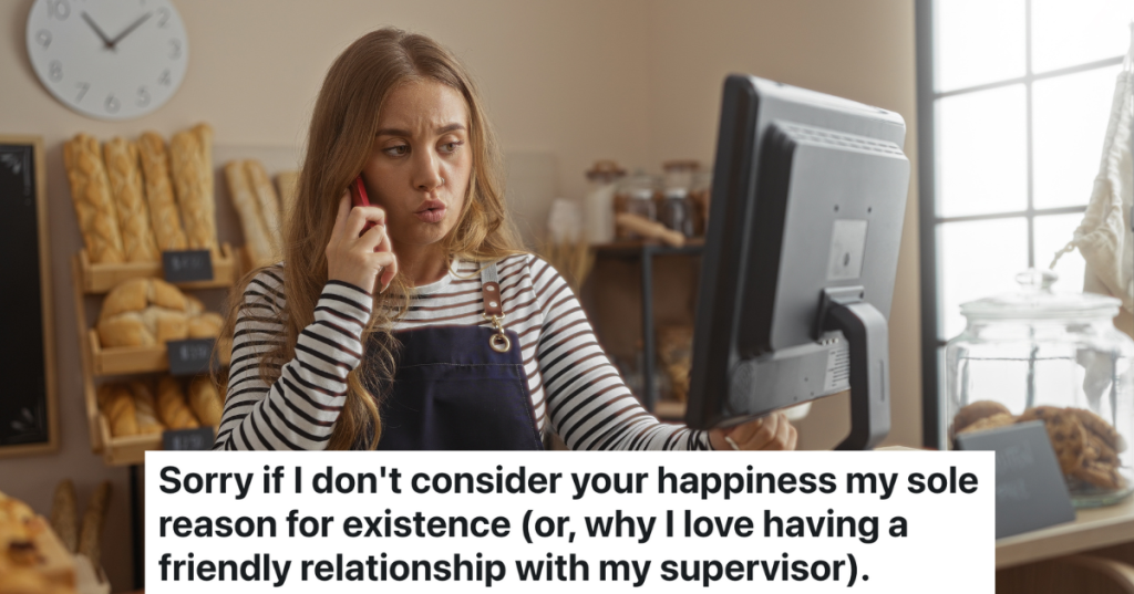 female cashier talking on the phone