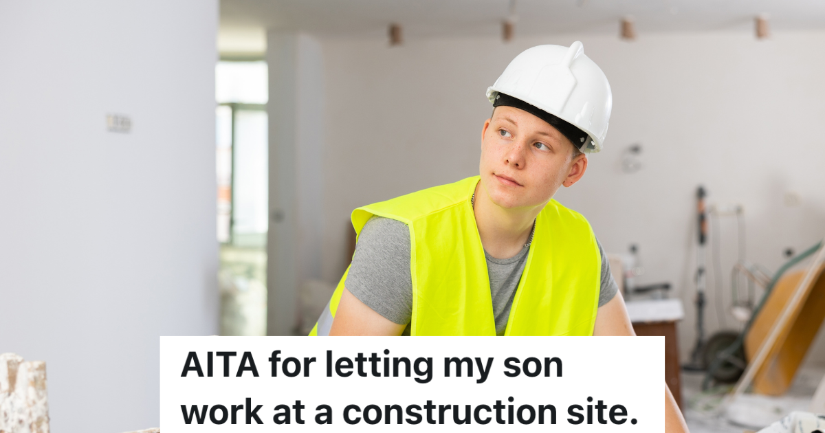 teenage boy in white hardhat and yellow vest at construction site