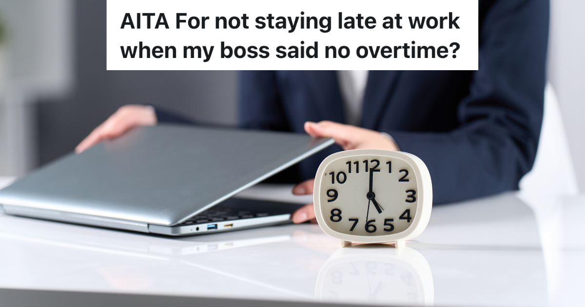 woman closing her laptop next to a clock that reads 5pm
