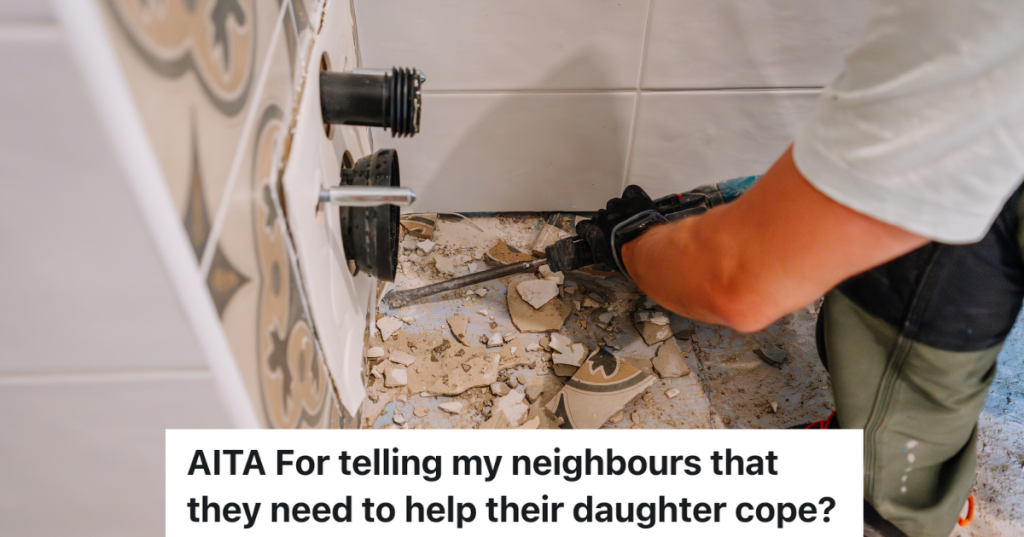 closeup of man using a power tool to break bathroom floor tiles