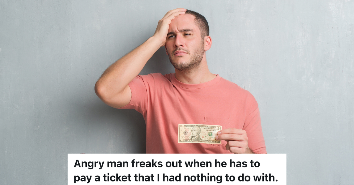 frustrated man holding a $10 bill
