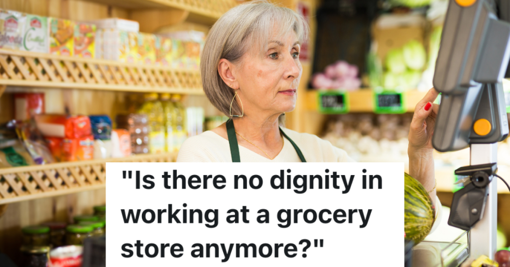 older woman working as a cashier at a grocery store