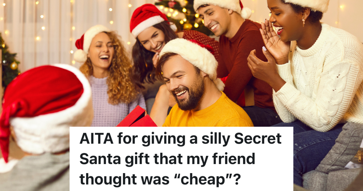 smiling friends wearing Santa hats and opening presents