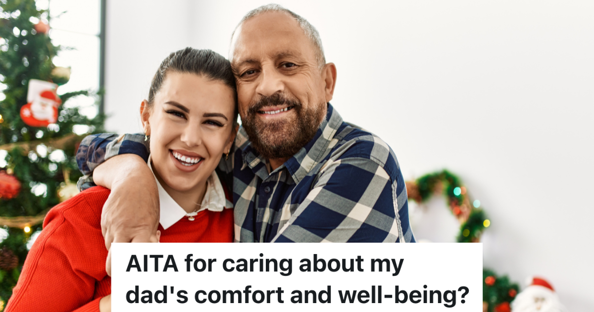 older dad hugging adult daughter near Christmas tree