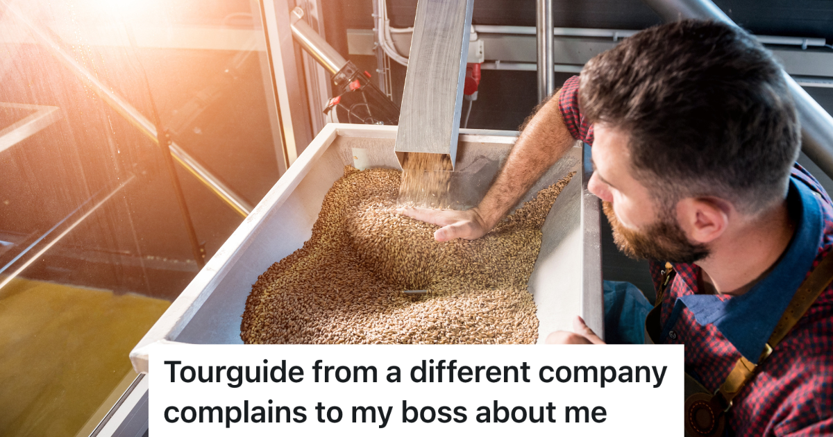 Brewery Employee Worked Overtime Fixing The Mill, But A Tour Guide From A Different Company Yelled At Him To Stop So She Can Do Her Job young brewer in a leather apron controls the grinding of malt seeds in a mill at a modern brewery