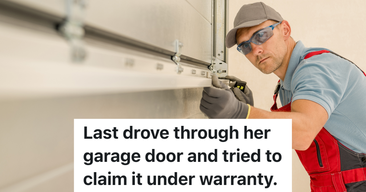 New Construction Homeowner Calls To Have Her Garage Door Repaired While Its Still Under Warranty, But Its Obvious That She Caused The Problem man installing a garage door