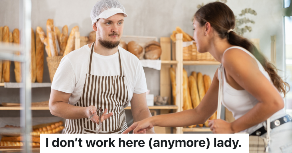 man working at a bakery helping a female customer