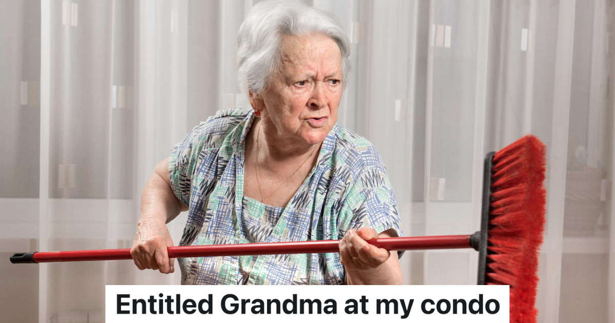 Condo Owner Complains To HOA About Noise From The Upstairs Neighbors, But The Family Living There Isnt Being Loud angry old woman holding a red broom