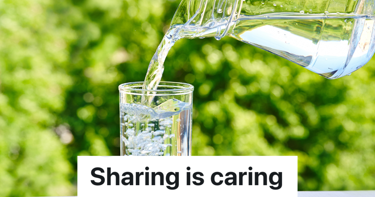 pouring water from a pitcher into a glass outside