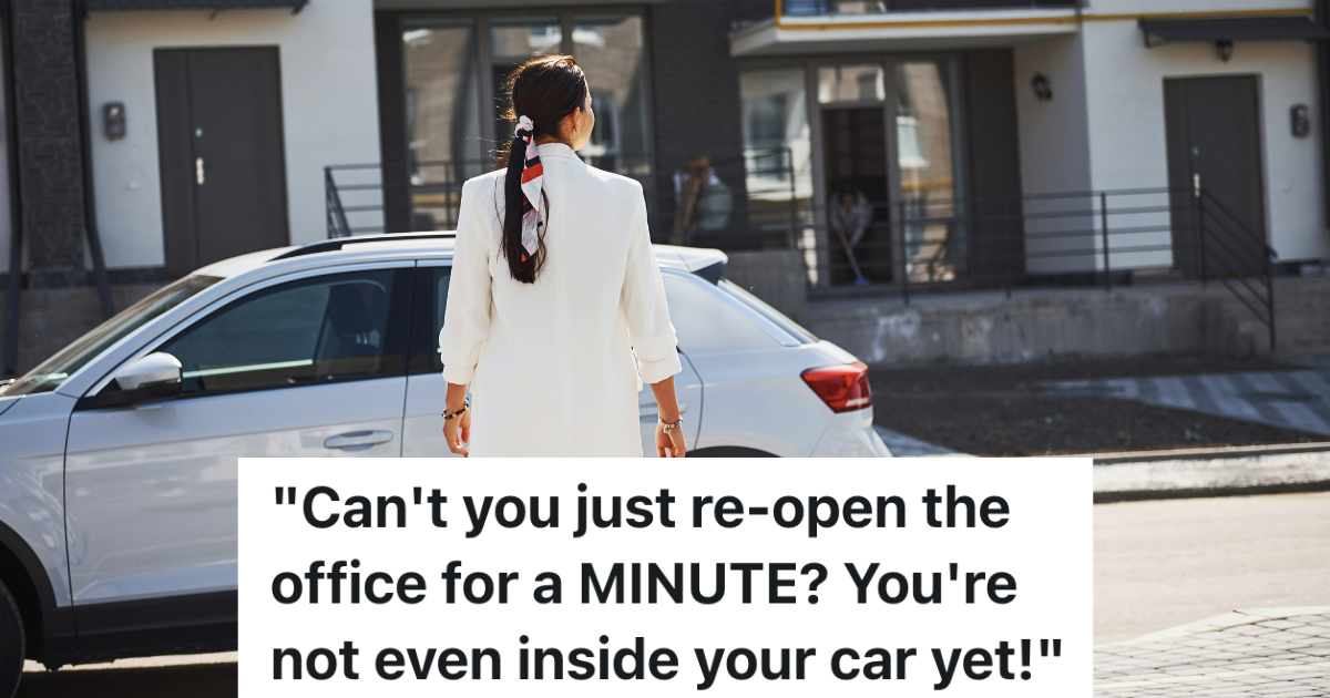 woman in a white jacket walking to her car