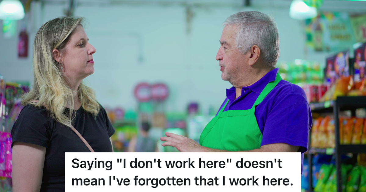 male grocery store employee talking to upset looking female customer