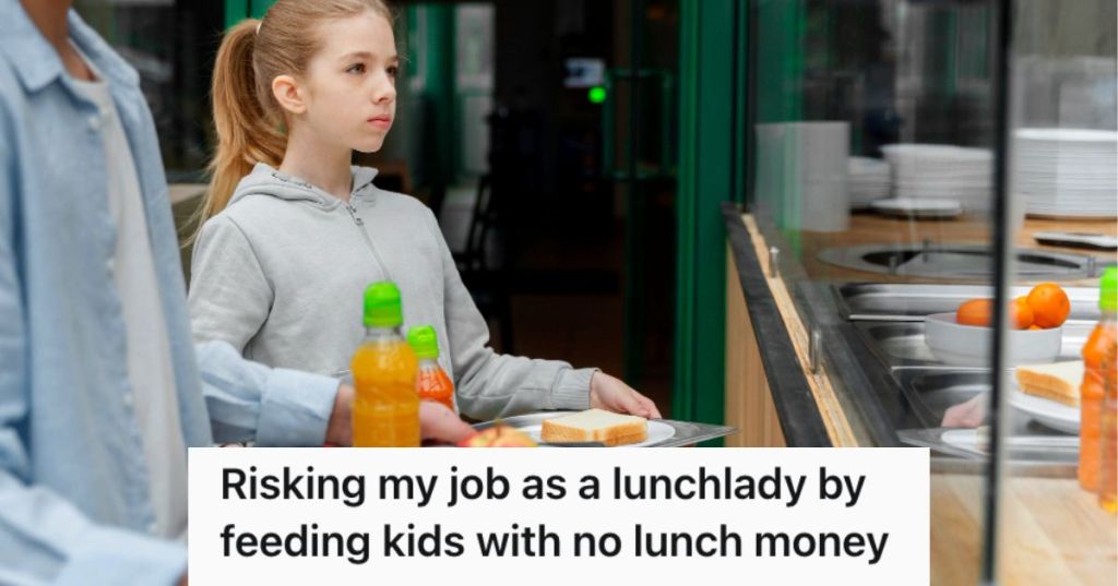 Young kids holding tray of food in the school cafeteria