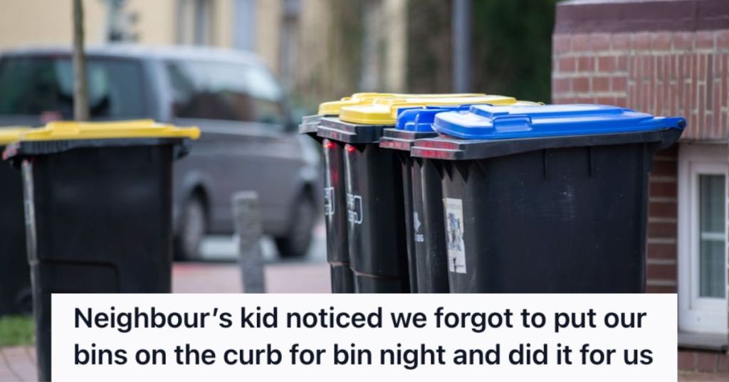 Trash bins lined up neatly by the curb