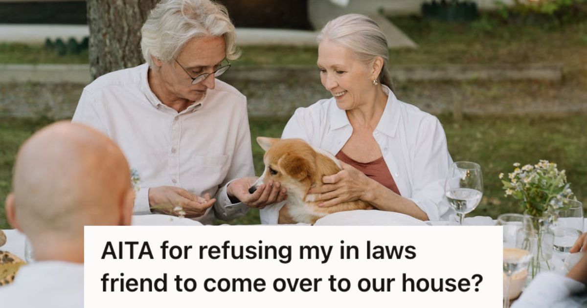 Elderly Family Friend Kept Showing Up In Her In Laws Place, So This Woman And Her Fiancé Decided That They Wouldnt Invite Him Over To Their Own Home Elderly people and a dog sharing a meal together outdoors