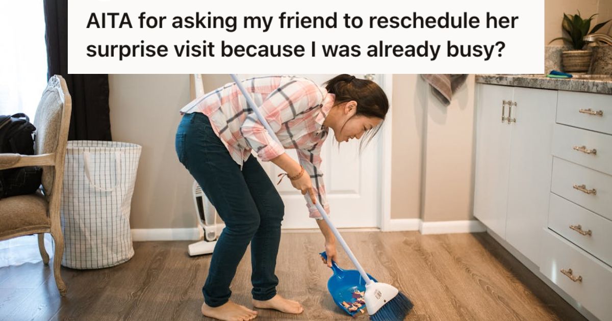 Woman sweeping the floor at her apartment