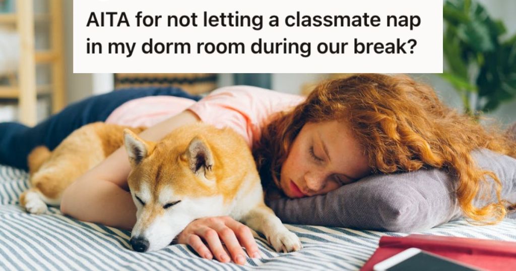 Woman sleeping on her bed beside her dog