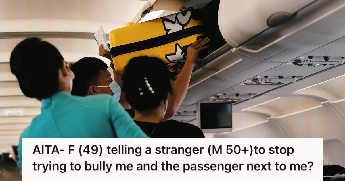 Plane passengers putting a luggage in the overhead bin