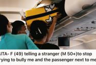 Airplane Passenger Struggled With Putting Her Carry-On In The Overhead Bin, But A Rude Passenger Tried To Remove Her Bag And Mansplain