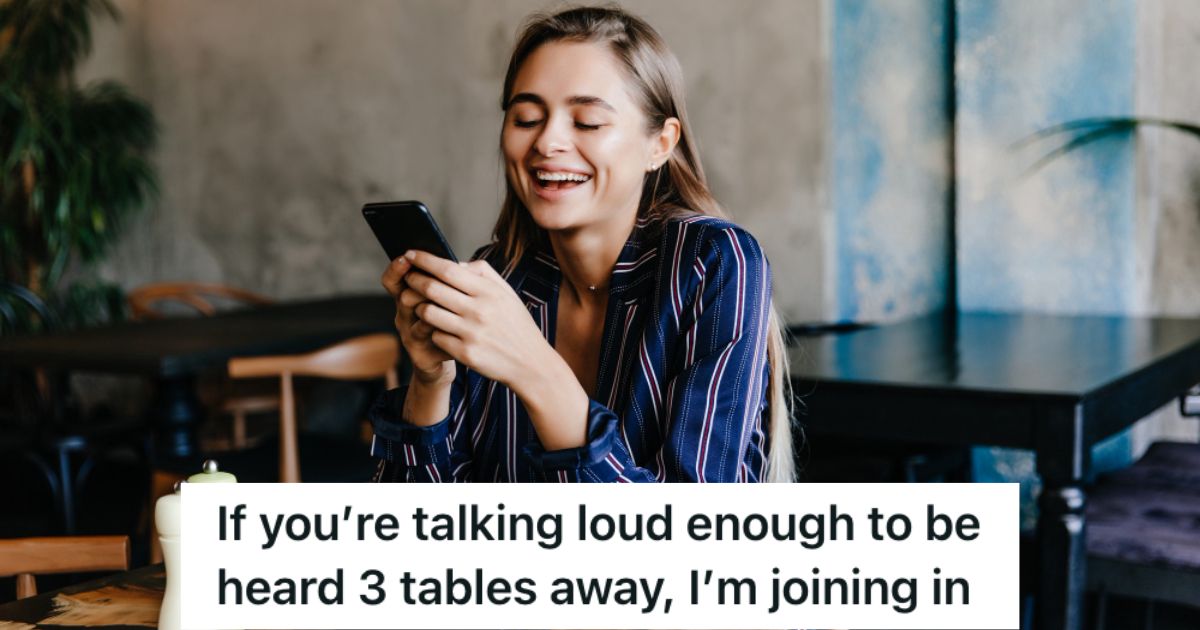 Wife Was Trying To Have A Peaceful Meal With Her Husband In A Restaurant, But A Nearby Guest Was Having A Loud Video Call So She Decided To Join Them Woman talking on her phone while smiling