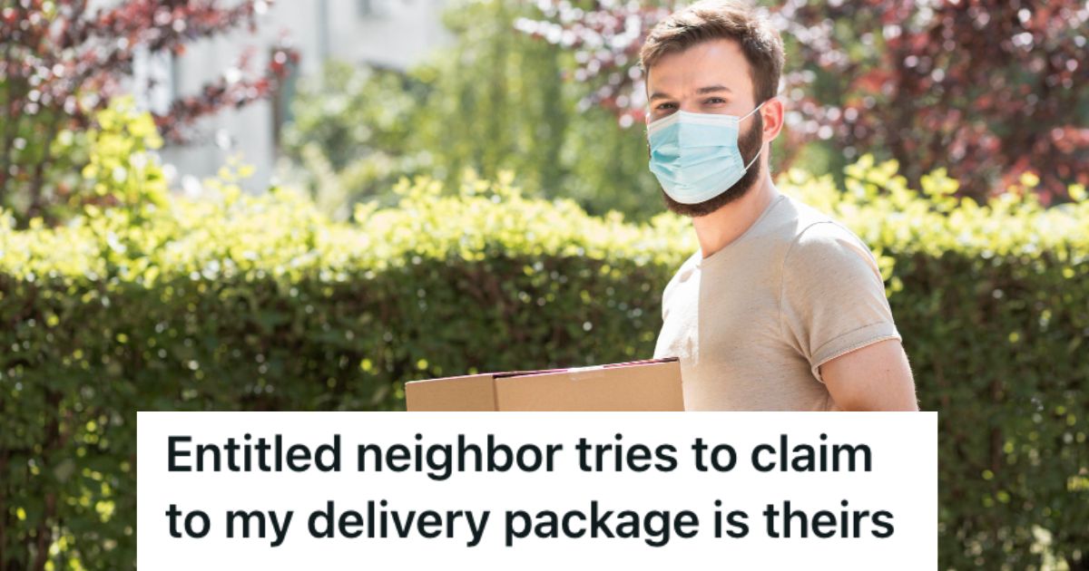 Delivery guy with facemask holding a package