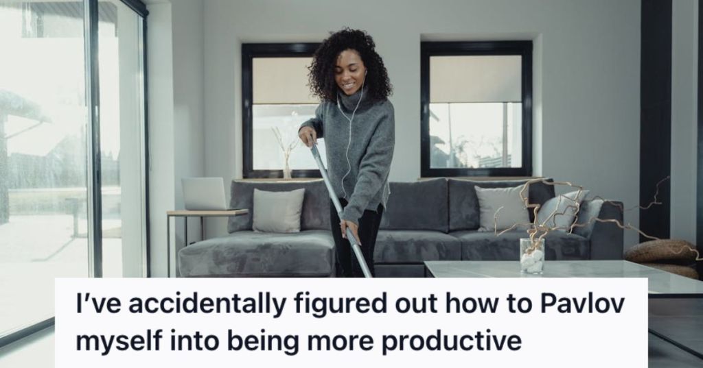 Woman mopping the floor with her earphones on