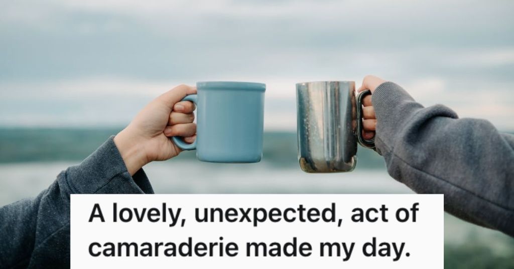 One person holding a blue mug and another one holding a stainless thermos cup