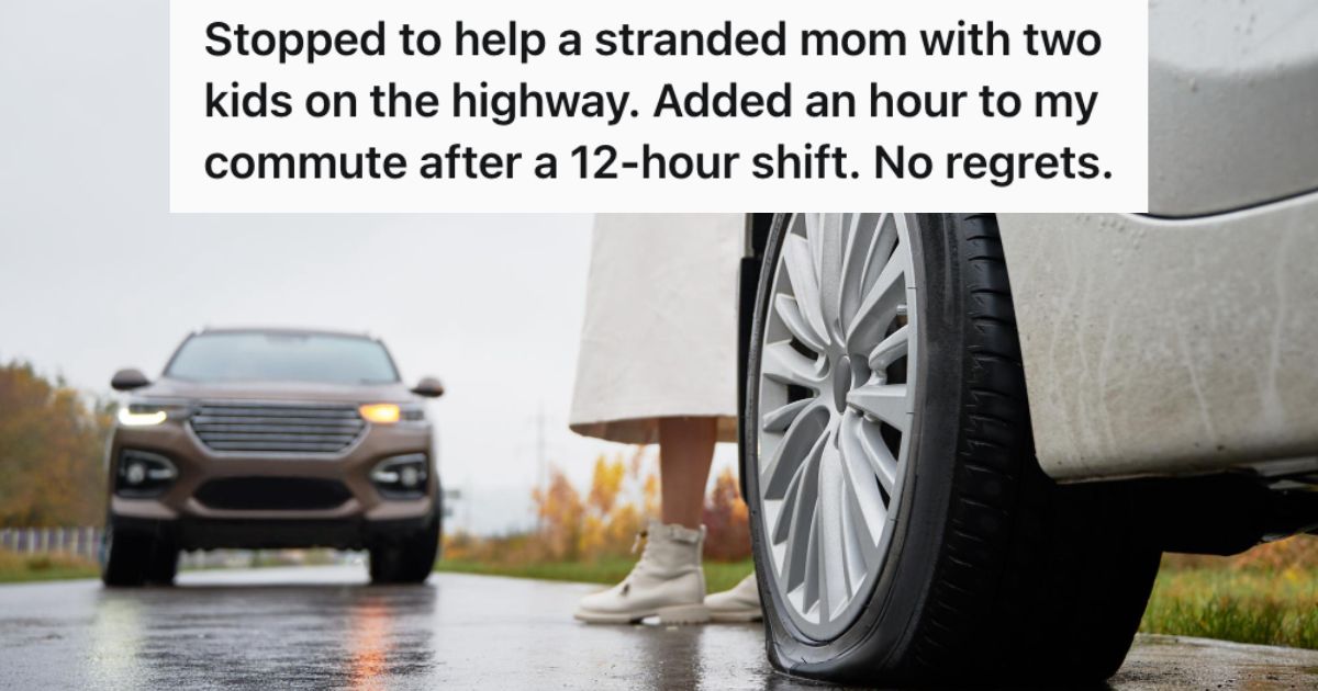 Employee Was Driving Home After A Long Shift And Just Wanted To Rest, But He Decided To Help A Mom And Her Kids Stuck With A Flat Tire Woman stranded on the road with a flat tire and hailing an approaching car